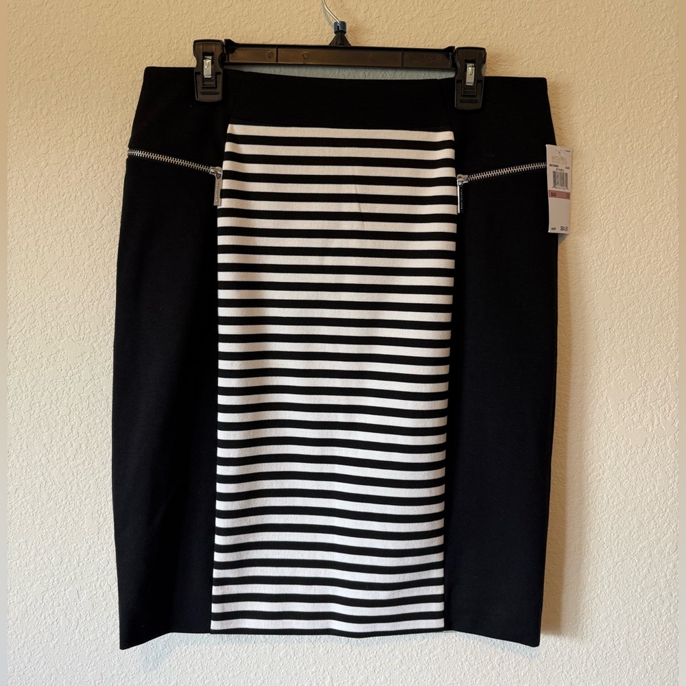 Michael Kors Black & White Stripe Pencil Skirt Size 12 NWT